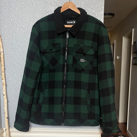 Hurley Other - Hurley Men's Black and Green Checkered Plaid Fleece Lined Jacketed Large